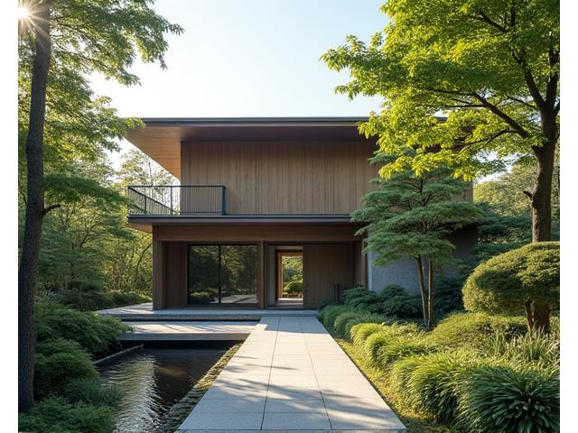 自然と調和した建築の外観、木漏れ日が差し込むモダンな建物